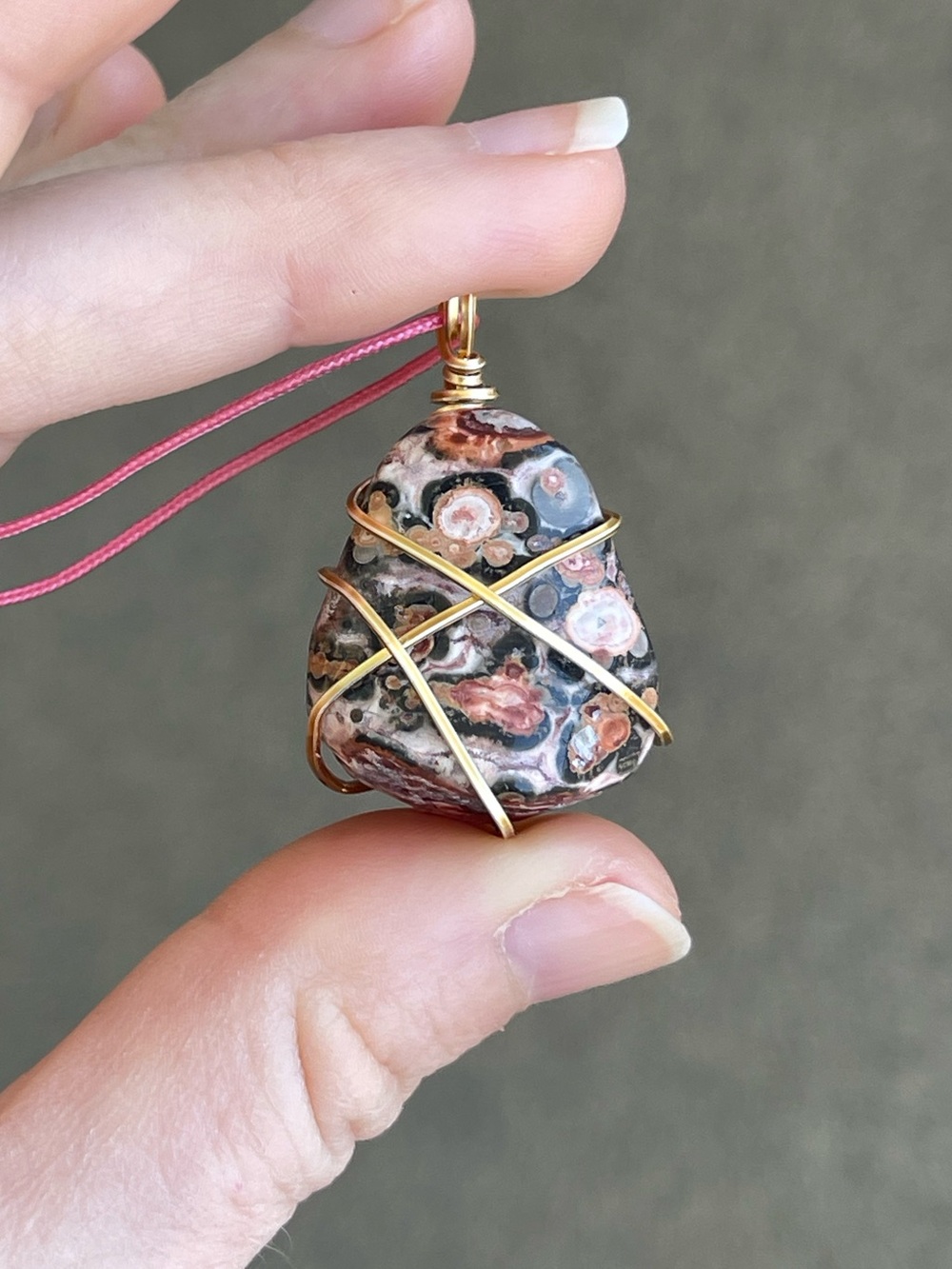 Jaguar Jasper Gold Tone Wire Wrap Necklace on Pink Nylon Cord